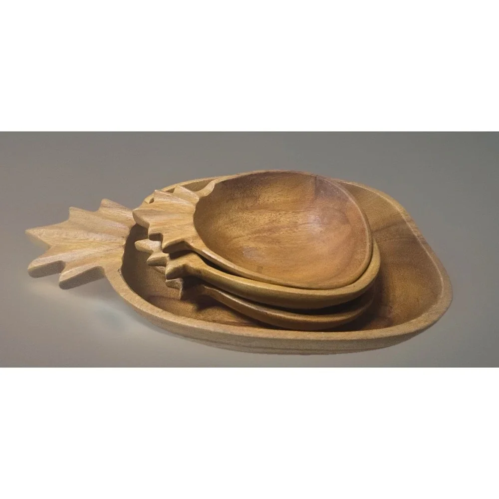 Pineapple Serving Tray Small‎ Dish Set (4) Monkey Pod Wood Carved Vintage